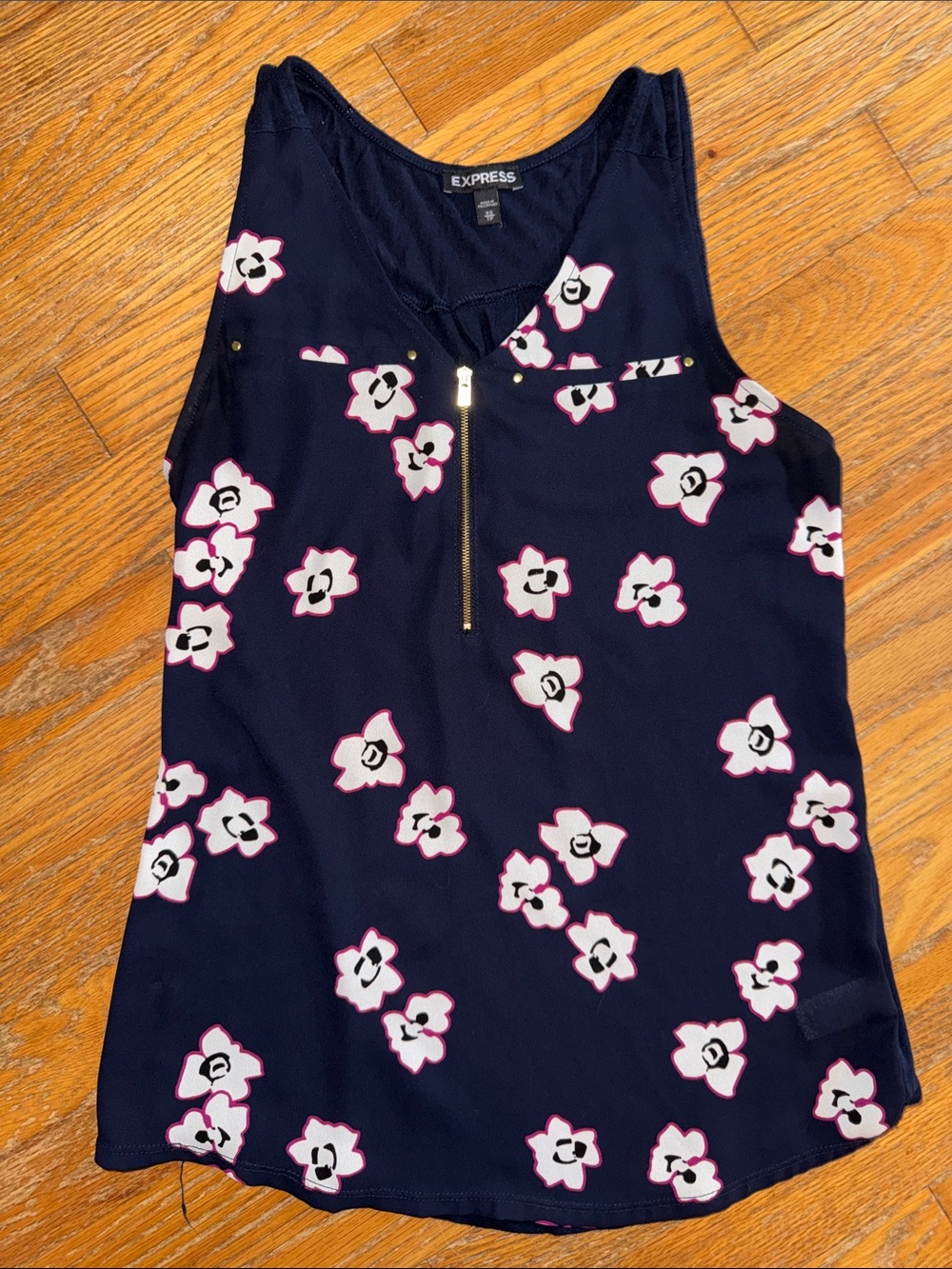 Express Navy Floral Sleeveless Top with Gold Zip